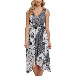 Double-V Mixed Print Faux-Wrap Dress